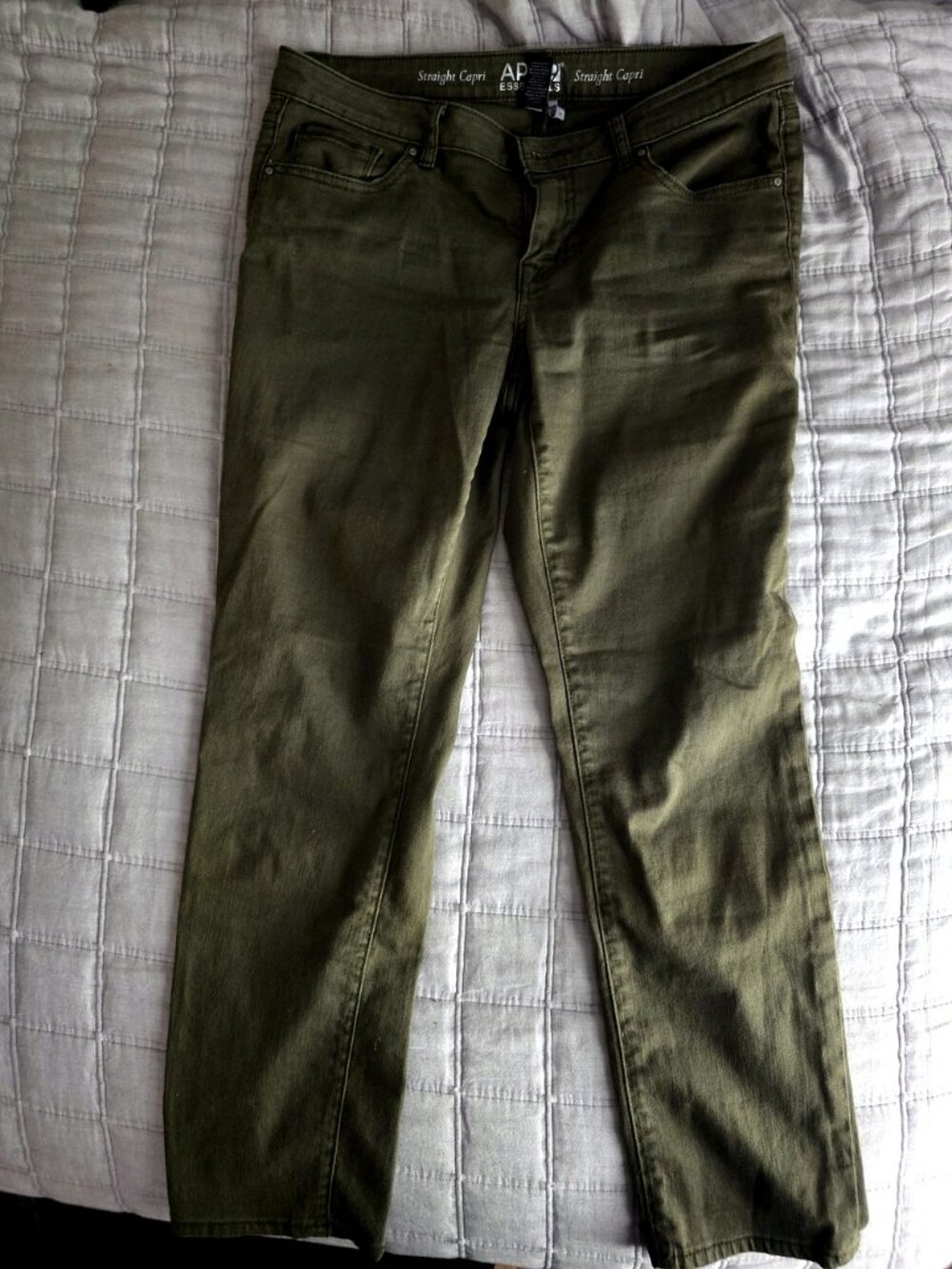 Essentials Olive Straight Leg Jeans, Mid-Rise, Subtle Stretch, Size 10